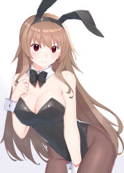Rule 34 | 1girl, absurdres, animal ears, black bow, black bowtie, black leotard, bow, bowtie, breasts, brown hair, brown pantyhose, cleavage, cowboy shot, detached collar, fake animal ears, fishnet pantyhose, fishnets, highres, large breasts, leaning forward, leotard, long hair, looking at viewer, original, pantyhose, playboy bunny, rabbit ears, raitho, red eyes, simple background, solo, strapless, strapless leotard, white background, wrist cuffs