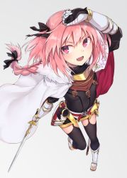 Rule 34 | 1boy, arm up, armor, astolfo (fate), boots, commentary request, fang, fate/apocrypha, fate (series), grey background, highres, holding, holding sword, holding weapon, knee boots, long hair, looking up, male focus, monobe tsukuri, multicolored hair, pink hair, sheath, sheathed, simple background, solo, sword, trap, two-tone hair, weapon, white footwear, white hair