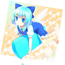 Rule 34 | 1girl, bad id, bad pixiv id, barefoot, carrying, cirno, dress, embodiment of scarlet devil, female focus, food, full body, gradient background, hairband, hamamo, popsicle, snow, solo, touhou, white background, wings
