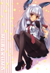 Rule 34 | 10s, 1girl, absurdres, ankle boots, ass, black pantyhose, blush, boots, breasts, carnelian, floating, full body, gradient background, grey hair, hair ribbon, headgear, high heels, highres, kantai collection, legs, loafers, long hair, low twintails, murakumo (kancolle), murakumo kai ni (kancolle), pantyhose, ribbon, shoes, short twintails, sitting, smile, solo, striped, striped background, thighband pantyhose, twintails, two side up, yellow eyes