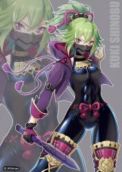 1girl abs bodysuit breasts covered_abs genshin_impact gloves green_hair i_macoto jacket kuki_shinobu latex latex_bodysuit leg_armor long_hair looking_at_viewer mask mouth_mask ninja ponytail purple_eyes skin_tight small_breasts sword weapon