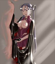 Rule 34 | 1boy, 1girl, breastless clothes, breasts, cape, dress, earrings, hair rings, handjob, happy, hetero, jewelry, looking at viewer, open mouth, penis, short dress, smile, twintails, vampire, yozora