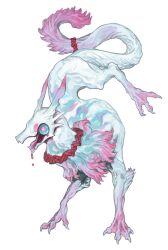 Rule 34 | animal focus, aokarasu punko, blue eyes, claws, dripping, full body, highres, monster, no humans, open mouth, original, pink pupils, rope necklace, simple background, solo, tail, tail ornament, white background
