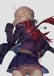 Rule 34 | 1girl, 3:, 3:&lt;, adjusting eyewear, artoria pendragon (all), artoria pendragon (fate), blonde hair, blue skirt, braid, checkered clothes, checkered scarf, closed mouth, club3, coat, cowboy shot, duffel coat, fate/grand order, fate (series), fringe trim, glasses, glowing, glowing eyes, grey background, hair between eyes, highres, looking at viewer, mysterious heroine x alter (fate), mysterious heroine x alter (first ascension) (fate), neckerchief, open clothes, open coat, panties, pantyshot, pleated skirt, red neckerchief, red scarf, saber (fate), scarf, school uniform, semi-rimless eyewear, serafuku, sidelocks, simple background, skirt, solo, under-rim eyewear, underwear, upskirt, v-shaped eyebrows, white panties, yellow eyes