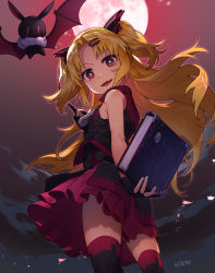 Rule 34 | 1girl, :d, absurdres, akatsuki uni, bat (animal), bat wings, blonde hair, book, dress, fang, full moon, highres, holding, holding book, long hair, looking at viewer, moon, night, open mouth, red eyes, skirt, sky, smile, solo, two side up, ujou, uni create, vampire, virtual youtuber, wings