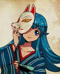 Rule 34 | 10s, 1girl, beige background, blue eyes, blue hair, eyelashes, fox mask, happinesscharge precure!, happy, head tilt, japanese clothes, kagami chihiro, long hair, looking at viewer, mask, matching hair/eyes, precure, sailor collar, shirayuki hime, shirt, simple background, smile, solo, upper body, white shirt