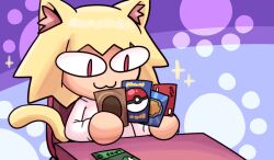 Rule 34 | 1other, absurdres, animal ear fluff, animal ears, blonde hair, bubble background, card, cat ears, cat tail, credit card, highres, holding, holding card, kujikawaii, melty blood, neco-arc, pokemon card, red eyes, sitting, sparkle background, table, tail, tsukihime, visa, yu-gi-oh!