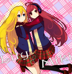 Rule 34 | 2girls, ahoge, bad id, bad pixiv id, blonde hair, lily (vocaloid), long hair, multiple girls, pantyhose, red eyes, red hair, scarf, school uniform, sf-a2 miki, shared clothes, shared scarf, skirt, smile, tomosaka, vocaloid