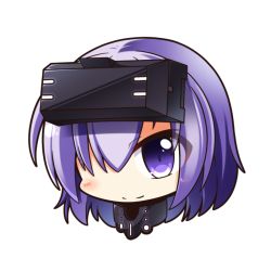 Rule 34 | 1girl, black background, blush, closed mouth, cropped torso, eyes visible through hair, fate/grand order, fate (series), gorget, hair over one eye, head, head-mounted display, looking at viewer, mash kyrielight, mash kyrielight (ortenaus), portrait, purple eyes, purple hair, shachoo., short hair, simple background, smile, solo, white background