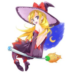 Rule 34 | 1girl, :d, backless dress, backless outfit, black dress, black footwear, blonde hair, bow, broom, broom riding, dokidoki! precure, dress, elbow gloves, floating hair, from behind, full body, gloves, hat, hat bow, layered dress, long hair, open mouth, precure, purple dress, purple eyes, purple gloves, purple hat, purple legwear, red bow, regina (dokidoki! precure), short dress, simple background, sleeveless, sleeveless dress, smile, solo, tuqi pix, very long hair, white background, witch hat