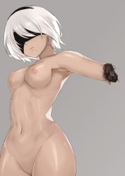 Rule 34 | 1girl, amputee, android, blindfold, breasts, closed mouth, collarbone, commentary request, damaged, grey background, groin, guro, hairband, head tilt, highres, medium breasts, meronshiroppu, mole, mole under eye, navel, nier (series), nier:automata, nipples, nude, outstretched arm, severed arm, severed limb, simple background, solo, 2b (nier:automata)