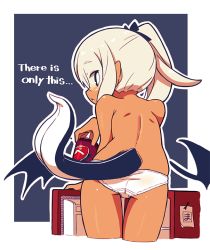 Rule 34 | 1girl, ass, back, border, can, drink can, english text, female focus, from behind, looking back, mawaru (mawaru), original, outside border, panties, ponytail, profile, soda can, solo, tail, thigh gap, topless, underwear, underwear only, white border