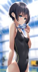Rule 34 | 1girl, absurdres, black hair, black one-piece swimsuit, blue eyes, blurry, blurry background, blush, breasts, closed mouth, collarbone, commentary request, covered navel, goggles, goggles around neck, highres, indoors, kiona (giraffe kiona), looking at viewer, one-piece swimsuit, original, short hair, small breasts, solo, standing, swimsuit