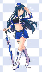 Rule 34 | 1girl, belt, black belt, black shirt, blue hair, blue hat, blue jacket, blue skirt, blunt ends, boots, breasts, brown eyes, commentary request, crop top, damokan66, full body, hand up, hat, high heel boots, high heels, highres, holding, holding umbrella, idolmaster, idolmaster million live!, idolmaster million live! theater days, jacket, kitakami reika, knee boots, light blush, long hair, long sleeves, looking at viewer, medium breasts, multicolored clothes, multicolored jacket, navel, one eye closed, shirt, sidelocks, simple background, skirt, smile, solo, sparkle, stomach, thigh strap, thighs, tongue, tongue out, umbrella, white footwear, white jacket, white umbrella