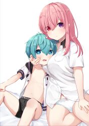 Rule 34 | 1boy, 1girl, :o, age difference, between breasts, black hood, black male underwear, blue eyes, blue hair, bow, bow panties, boxer briefs, breast smother, breasts, child, collarbone, collared shirt, face to breasts, hair between eyes, hand on another&#039;s cheek, hand on another&#039;s face, hand on own knee, hand on own thigh, head between breasts, heterochromia, highres, jacket, knees up, large breasts, long hair, looking at viewer, male underwear, navel, nei (os), nei akutsu, no pants, on bed, onee-shota, open clothes, open jacket, open mouth, original, os (os fresa), panties, pink hair, pointy ears, purple eyes, red eyes, shirt, short hair, sitting, source request, souta (os), souta kandori, underwear, white background, white panties, white shirt, yokozuwari