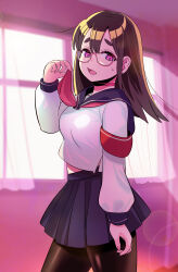 Rule 34 | 1girl, absurdres, akai kuro, armband, black pantyhose, blue skirt, breasts, brown hair, choker, curtains, glasses, highres, large breasts, long hair, long sleeves, looking at viewer, neckerchief, open mouth, pantyhose, pink eyes, red neckerchief, school uniform, shirt, skirt, standing, sweat, white shirt, window