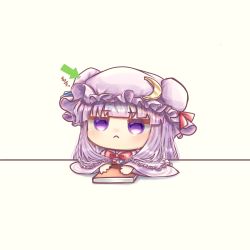 Rule 34 | 1girl, :&lt;, arrow (symbol), bad id, bad twitter id, blue ribbon, blunt bangs, book, bow, bowtie, chibi, closed mouth, commentary request, crescent, crescent hat ornament, crescent pin, hat, hat ornament, hat ribbon, highres, mob cap, patchouli knowledge, poking, poking head, purple eyes, purple hair, red bow, red bowtie, red ribbon, ribbon, simple background, solo, suna sen, table, touhou, translation request, white background, wide sleeves