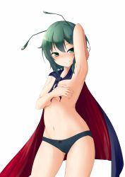 Rule 34 | 1girl, antennae, arm up, armpits, biburu, black panties, blush, breasts, butterfly ornament, cape, closed mouth, commentary request, covering privates, covering breasts, gluteal fold, green eyes, highres, looking at viewer, medium breasts, navel, nose blush, panties, short hair, simple background, solo, standing, stomach, topless, touhou, underwear, underwear only, white background, wriggle nightbug