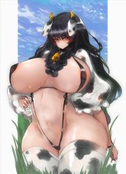 Rule 34 | 1girl, animal ears, animal print, areola slip, bikini, black hair, blush, braid, braiding hair, breasts, brown eyes, character request, covered erect nipples, cow ears, cow girl, cow horns, cow print, curvy, day, gond, grass, hairdressing, highres, horns, huge breasts, long hair, navel, nipples, sky, solo, source request, sweat, swimsuit, thick thighs, thighhighs, thighs, thong bikini, twin braids, very long hair, wide hips