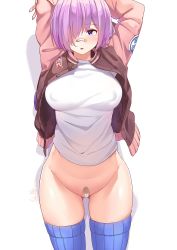 Rule 34 | 1girl, alternate costume, arms behind head, arms up, bandaid, bandaid on face, bandaid on nose, bandaid on pussy, blue thighhighs, bottomless, breasts, fate/grand order, fate (series), hair over one eye, highres, jacket, large breasts, light purple hair, looking at viewer, mash kyrielight, no panties, open clothes, open jacket, purple eyes, shiroi ume, shirt, short hair, simple background, solo, thighhighs, white background, white shirt