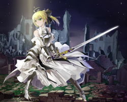 Rule 34 | 1girl, ahoge, armor, armored dress, artoria pendragon (fate), bare shoulders, blonde hair, bow, caliburn (fate), capcom, detached sleeves, dress, fate/stay night, fate/unlimited codes, fate (series), gauntlets, greaves, green eyes, hair bow, highres, night, night sky, okingjo, ruins, saber (fate), saber lily, sky, solo, sword, weapon