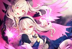 Rule 34 | 2girls, armor, bad id, bad pixiv id, black hairband, blue cape, cape, corrin (female) (fire emblem), corrin (fire emblem), fangs, fire emblem, fire emblem awakening, fire emblem fates, fire emblem heroes, gloves, grima (fire emblem), hairband, long hair, long sleeves, multiple girls, nintendo, open mouth, parted lips, red eyes, robin (female) (fire emblem), robin (fire emblem), slit pupils, tida 2112, twintails, white hair, wings, wizard