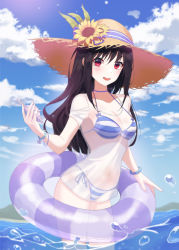 Rule 34 | 1girl, :d, bare legs, bead bracelet, beads, bikini, black hair, blue sky, bracelet, breasts, cleavage, cloud, collarbone, commentary, cowboy shot, day, feet out of frame, flower, hat, hat flower, highres, holding, holding shell, innertube, jayamon, jewelry, long hair, looking at viewer, mountainous horizon, navel, ocean, open mouth, original, outdoors, red eyes, see-through, see-through shirt, shell, shirt, sky, small breasts, smile, solo, standing, straw hat, striped bikini, striped clothes, summer, sun hat, swim ring, swimsuit, symbol-only commentary, t-shirt, teeth, upper teeth only, water drop, white shirt