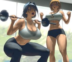 Rule 34 | 2girls, abs, alternate breast size, alternate costume, barbell, black hair, black pants, blonde hair, blue eyes, blue hair, breasts, cleavage, dumbbell, exercising, eyes visible through hair, green eyes, gym shorts, hair intakes, hair ornament, hololive, hololive english, indoors, infi, large breasts, multiple girls, navel, open mouth, ouro kronii, pants, shirt, short hair, shorts, sports bra, stomach, strapless, tube top, v-shaped eyebrows, virtual youtuber, watch, watson amelia, white shirt, white sports bra