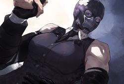 Rule 34 | 1girl, abs, breasts, dorohedoro, gloves, holding hands, looking at viewer, mask, muscular, muscular female, noi (dorohedoro), park ongjol, simple background, solo, white background, white hair