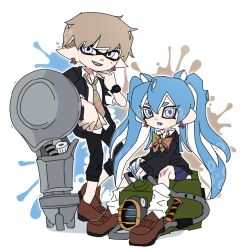 Rule 34 | 1boy, 1girl, black pants, blue eyes, blue hair, bow, bowtie, brown footwear, colored eyelashes, commentary request, earrings, explosher (splatoon), eyelashes, fang, fangs, full body, green bow, green bowtie, green necktie, grey eyes, grey hair, gun, highres, ikki (gsl 9708), inkling, inkling boy, inkling player character, jewelry, korean commentary, leg warmers, long hair, mole, mole under eye, nautilus (splatoon), necktie, nintendo, octoling, octoling girl, octoling player character, open mouth, paint splatter, pants, pink bow, pink bowtie, pink necktie, pointy ears, sharp teeth, shoes, short hair, simple background, sitting, sleeves past wrists, smile, splatoon (series), splatoon 3, standing, striped bow, striped bowtie, striped clothes, striped necktie, teeth, tentacle hair, thick eyebrows, twintails, two-tone bowtie, two-tone necktie, weapon, white background