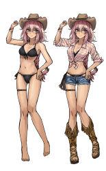 Rule 34 | 1girl, absurdres, alternate costume, arknights, arm up, bare arms, bare legs, bare shoulders, barefoot, bikini, bikini under clothes, black bikini, blouse, blush, boots, bracelet, braid, breasts, bright pupils, brown eyes, brown footwear, cleavage, closed mouth, collarbone, commission, cowboy hat, denim, denim shorts, dierbeibanjia, ears through headwear, fringe trim, front-tie bikini top, front-tie top, full body, gravel (arknights), hair between eyes, hand on headwear, hand on own hip, hat, highres, jewelry, knee boots, long hair, looking at viewer, medium breasts, multiple views, navel, o-ring, o-ring bikini, pink hair, rope, shirt, short shorts, short sleeves, shorts, side-tie bikini bottom, simple background, single braid, smile, standing, swimsuit, thigh strap, thighhighs, tied shirt, toeless footwear, very long hair, white background, white shirt
