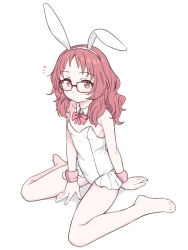 Rule 34 | 1girl, animal ears, blush, bow, bowtie, breasts, brown eyes, detached collar, dot mouth, expressionless, fake animal ears, glasses, highres, leotard, long hair, mie ai, playboy bunny, rabbit ears, saiste, simple background, sitting, small breasts, solo, strapless, strapless leotard, sukinako ga megane wo wasureta, wariza, white background, white leotard, wrist cuffs