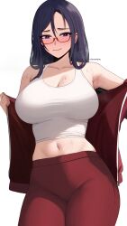 Rule 34 | 1girl, absurdres, artist name, blush, breasts, cleavage, closed mouth, commentary request, crop top, demi-chan wa kataritai, edmun6969, highres, jacket, large breasts, long hair, midriff, navel, purple eyes, purple hair, satou sakie, simple background, smile, solo, sweat, track jacket, white background