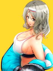 Rule 34 | 1girl, :o, absurdres, bare shoulders, black pants, blush, braco, breasts, cleavage, collarbone, commentary, eyelashes, from side, girls&#039; frontline, grey eyes, grey hair, hair between eyes, hairband, highres, jewelry, k3 (girls&#039; frontline), large breasts, long hair, looking at viewer, medium hair, navel, open mouth, pants, ring, ring-con, shiny skin, short eyebrows, sidelocks, simple background, skindentation, smile, solo, sports bra, standing, sweat, tight clothes, toned, upper body, white hairband, yellow background, yoga pants
