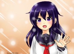Rule 34 | 1girl, :d, against glass, akatsuki (kancolle), anchor symbol, beige background, black hair, black sailor collar, commentary request, kantai collection, kudou (ooabareteng), long hair, looking at viewer, matching hair/eyes, neckerchief, one-hour drawing challenge, open mouth, purple eyes, purple hair, red neckerchief, sailor collar, school uniform, serafuku, smile, solo, twitter username, upper body, waving