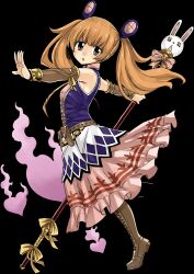 Rule 34 | 1girl, boots, brown eyes, brown footwear, brown hair, detached sleeves, dress, full body, gate of nightmares, hair ornament, highres, holding, holding staff, looking at viewer, luisa (gate of nightmares), mashima hiro, official art, open mouth, solo, staff, transparent background, twintails