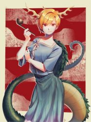 Rule 34 | 1girl, antlers, blonde hair, blue shirt, border, collarbone, commentary, contrapposto, cowboy shot, dragon girl, dragon horns, dragon tail, elosia, grin, highres, holding, holding smoking pipe, horns, kicchou yachie, looking at viewer, red background, red eyes, shirt, short hair, short sleeves, signature, skirt, smile, smoking pipe, solo, standing, tail, touhou, turtle shell, white border