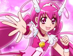 Rule 34 | 10s, 1girl, bad id, bad pixiv id, blush, bow, choker, cure happy, earrings, gudon (iukhzl), head wings, hoshizora miyuki, jewelry, long hair, magical girl, open mouth, pink bow, pink eyes, pink hair, pink theme, precure, smile, smile precure!, solo, tiara, twintails, wings, wrist cuffs