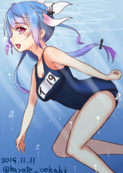 Rule 34 | 10s, 1girl, blue hair, breasts, hair ornament, hair ribbon, hayate (pixiv1185845), i-19 (kancolle), kantai collection, long hair, mizunashi hayate, name tag, one-piece swimsuit, open mouth, red eyes, ribbon, school swimsuit, smile, solo, star-shaped pupils, star (symbol), swimsuit, symbol-shaped pupils, twintails, underwater