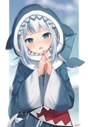 Rule 34 | 1girl, ame929, animal costume, animal hood, blue eyes, blue hair, blue hoodie, blunt bangs, fins, fish tail, gawr gura, gawr gura (1st costume), grey hair, hair ornament, highres, hololive, hololive english, holomyth, hood, hoodie, looking at viewer, multicolored hair, open mouth, own hands together, shark costume, shark girl, shark hair ornament, shark hood, shark print, shark tail, sharp teeth, solo, streaked hair, tail, teeth, virtual youtuber
