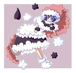 Rule 34 | 1girl, blue eyes, blue hair, doremy sweet, dress, fluffy, hat, multicolored clothes, multicolored dress, nightcap, nightgown, pom pom (clothes), red hat, short hair, solo, tail, tapir tail, too much fluff, touhou, zenji029