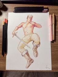 Rule 34 | 1boy, art tools in frame, blonde hair, boots, brown footwear, colored pencil, commentary, dungeon meshi, english commentary, finger to mouth, full body, hand up, highres, holding, holding sword, holding weapon, jumping, knee boots, laios thorden, licking, licking finger, looking at viewer, male focus, navel, nipples, pants, pencil, photo (medium), signature, solo, sword, thedamnthinguy, toned, toned male, topless male, traditional media, undercut, weapon, winged sword, yellow pants