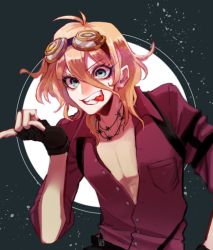 Rule 34 | 10s, 1boy, \n/, barbed wire, black gloves, blonde hair, blue eyes, danganronpa (series), danganronpa v3: killing harmony, genderswap, genderswap (ftm), gloves, goggles, goggles on head, grin, iruma miu, jumpsuit, looking at viewer, male focus, open clothes, open shirt, shirt, smile, solo, tarou (natyou), tongue, tongue out, upper body, wavy hair