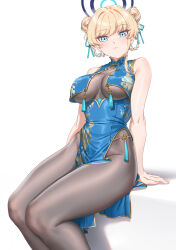Rule 34 | 1girl, alternate costume, arm support, bare arms, bare shoulders, black bodysuit, blonde hair, blue archive, blue dress, blue eyes, bodysuit, braided hair rings, breasts, china dress, chinese clothes, commentary request, double bun, dress, fangxiang cuoluan, feet out of frame, hair bun, hair intakes, halo, highres, looking at viewer, medium breasts, pelvic curtain, sitting, sleeveless, sleeveless bodysuit, solo, toki (blue archive), underboob