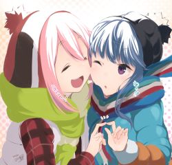 Rule 34 | 2girls, :d, ;o, bad id, bad pixiv id, beanie, blue hair, blush, cheek-to-cheek, closed eyes, dated, hat, heads together, kagamihara nadeshiko, long hair, long sleeves, multiple girls, one eye closed, open mouth, pink hair, purple eyes, scarf, shima rin, signature, smile, striped clothes, striped scarf, translation request, upper body, vyowolf, yurucamp