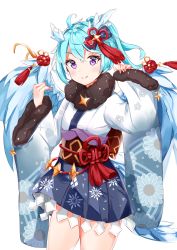 Rule 34 | 1girl, absurdres, black skirt, blue hair, blue wings, blush, closed mouth, commentary request, dragon girl, dragon horns, dragon wings, eyebrows hidden by hair, fur-trimmed sleeves, fur collar, fur trim, furisode, hair between eyes, hands up, highres, horns, japanese clothes, kimono, long hair, long sleeves, looking at viewer, obi, pinching sleeves, pleated skirt, princess connect!, purple eyes, sash, shefi (new year) (princess connect!), shefi (princess connect!), simple background, skirt, sleeves past wrists, smile, solo, split mouth, white background, white kimono, wide sleeves, wings, yukaa