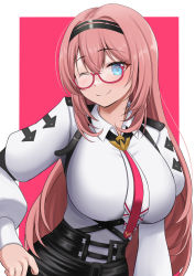 Rule 34 | 1girl, 9696k, absurdres, black hairband, blue eyes, breasts, collared shirt, glasses, hair between eyes, hairband, hand on own hip, high-waist shorts, highres, hololive, large breasts, long hair, long sleeves, necktie, one eye closed, pink hair, pink necktie, puffy long sleeves, puffy sleeves, red-framed eyewear, semi-rimless eyewear, shirt, shorts, takane lui, takane lui (1st costume), taut clothes, virtual youtuber, wide hips