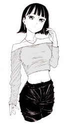 Rule 34 | 1girl, bad id, bad pixiv id, bare shoulders, black hair, black pants, breasts, closed mouth, collarbone, crop top, dende (dndn222), earrings, greyscale, hair behind ear, high-waist pants, highres, jewelry, large breasts, long sleeves, looking at viewer, monochrome, navel, original, pants, scan, scan artifacts, shirt, short hair, sleeves past wrists, solo, standing, stomach, traditional media