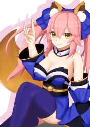 Rule 34 | 1girl, animal ear fluff, animal ears, bare shoulders, blue kimono, blue ribbon, blue thighhighs, breasts, cleavage, detached sleeves, fate/extella, fate/extra, fate/extra ccc, fate/grand order, fate (series), fox ears, fox girl, fox shadow puppet, fox tail, hair ribbon, highres, japanese clothes, kimono, large breasts, looking at viewer, pink hair, ribbon, simple background, solo, syuteki, tail, tamamo (fate), tamamo no mae (fate/extra), thighhighs, white background, yellow eyes
