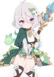 Rule 34 | 1girl, antenna hair, blush, breasts, bridal gauntlets, detached sleeves, dress, elf, feet out of frame, flower, gamuo, green dress, grey hair, hair between eyes, hair flower, hair ornament, holding, holding staff, kokkoro (princess connect!), looking at viewer, panties, pantyshot, pointy ears, princess connect!, purple eyes, see-through, see-through sleeves, short hair, simple background, single bare shoulder, sitting, sleeveless, sleeveless dress, small breasts, solo, staff, sweatdrop, underwear, upskirt, white background, white flower, white panties